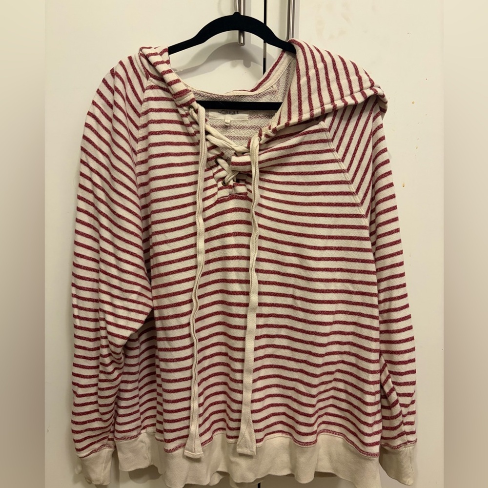 THE GREAT. Red & Cream Striped Lace-Up Hoodie